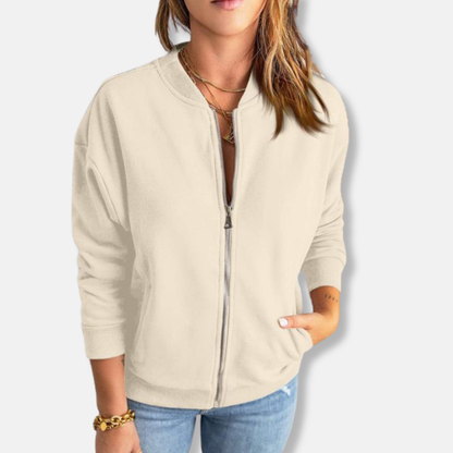 Women's Bomber Jacket - Soft Knit - Relaxed Fit - Zip Closure - Ribbed Cuffs