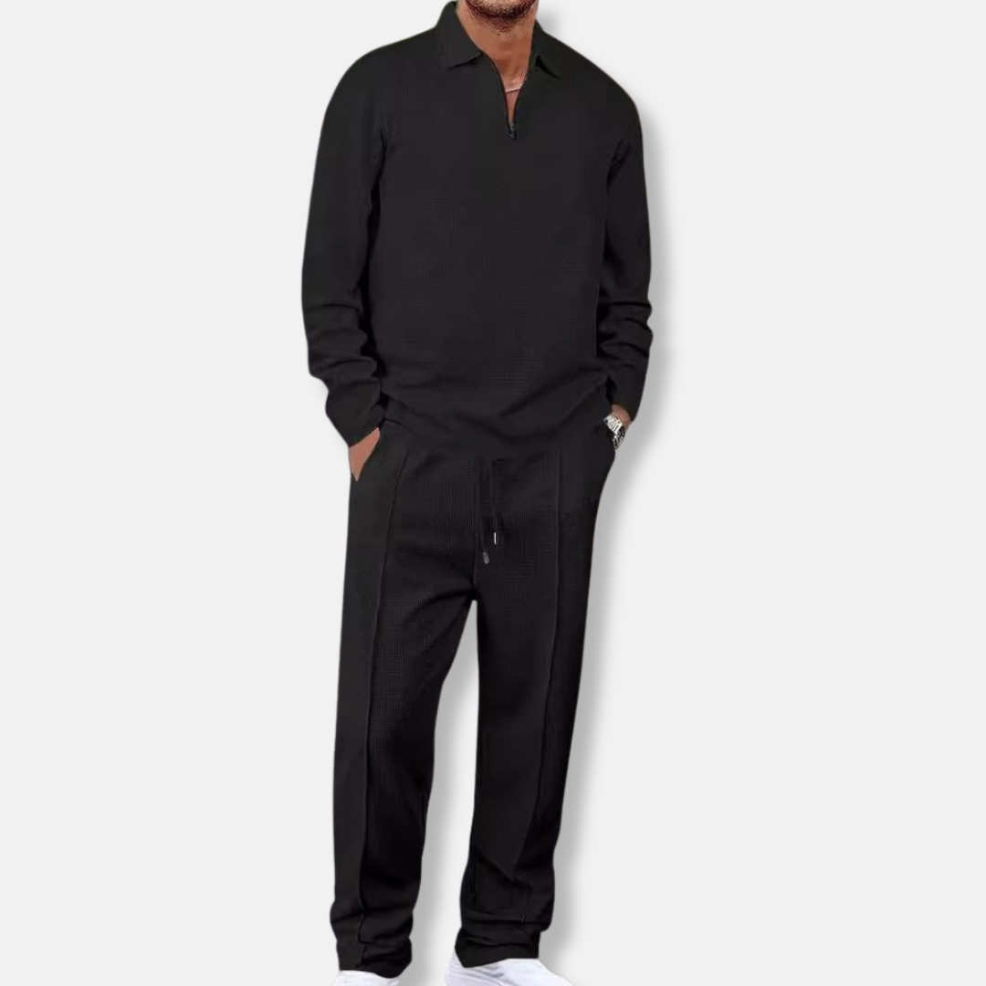Men’s Sport Set – Slim Fit Knit – Quarter-Zip Polo Top – Tapered Ankle Pants