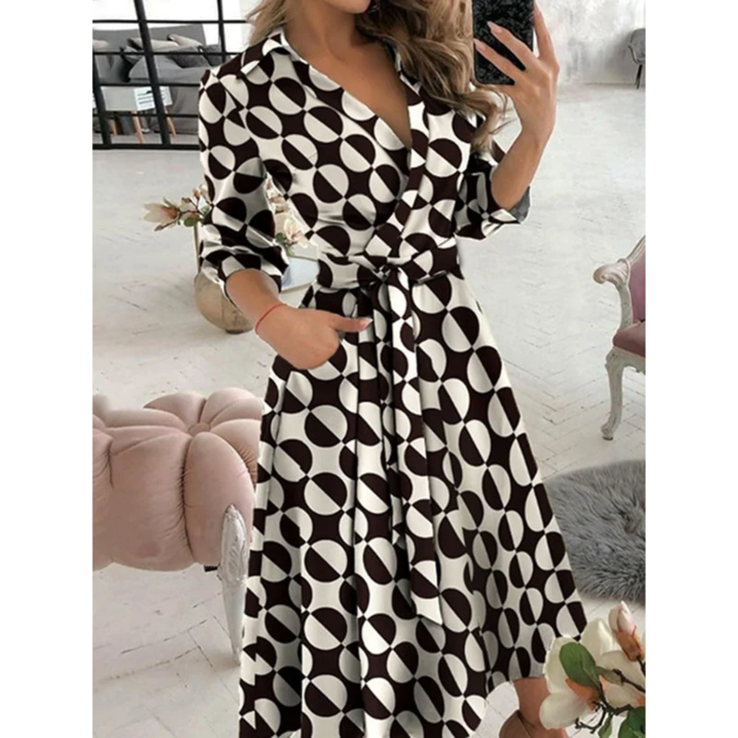 Women's Wrap Dress - Geometric Print - Midi Length - Long Sleeve Adjustable Fit