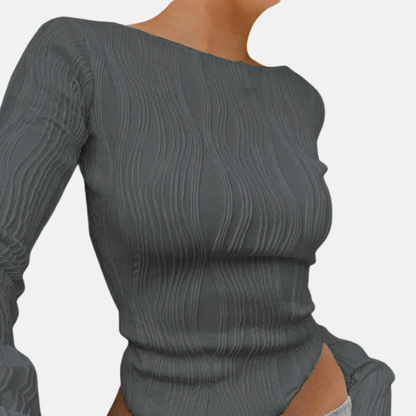 Women’s Long Sleeve Top - Sheer Stretch Knit - Cropped Length - Wide Boat Neckline