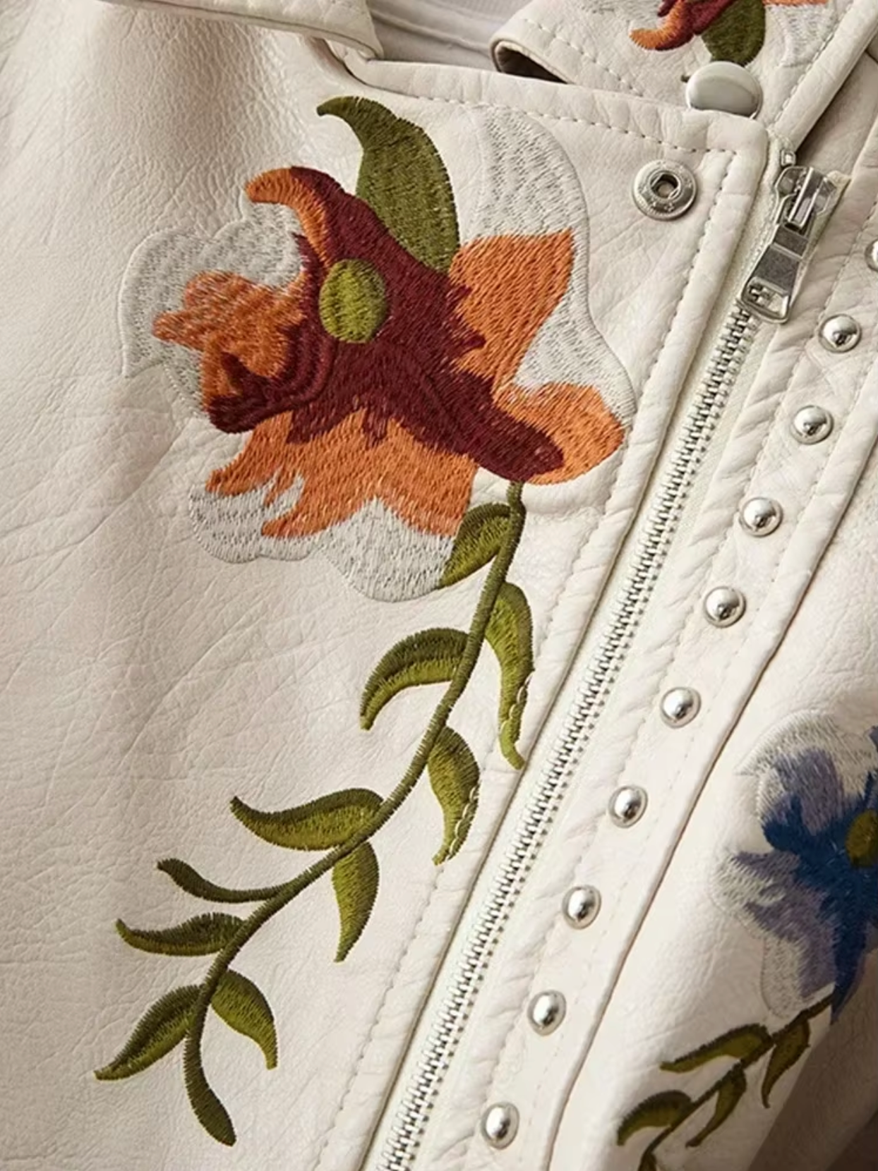 Veronica Leather Biker Jacket | Floral Embroidery Studded Jacket