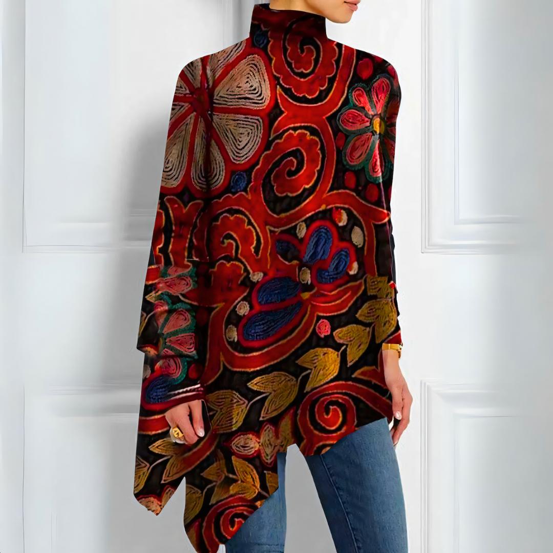 Women’s Asymmetric Top - Velvet - High Neck - Flowing Silhouette - Statement Print