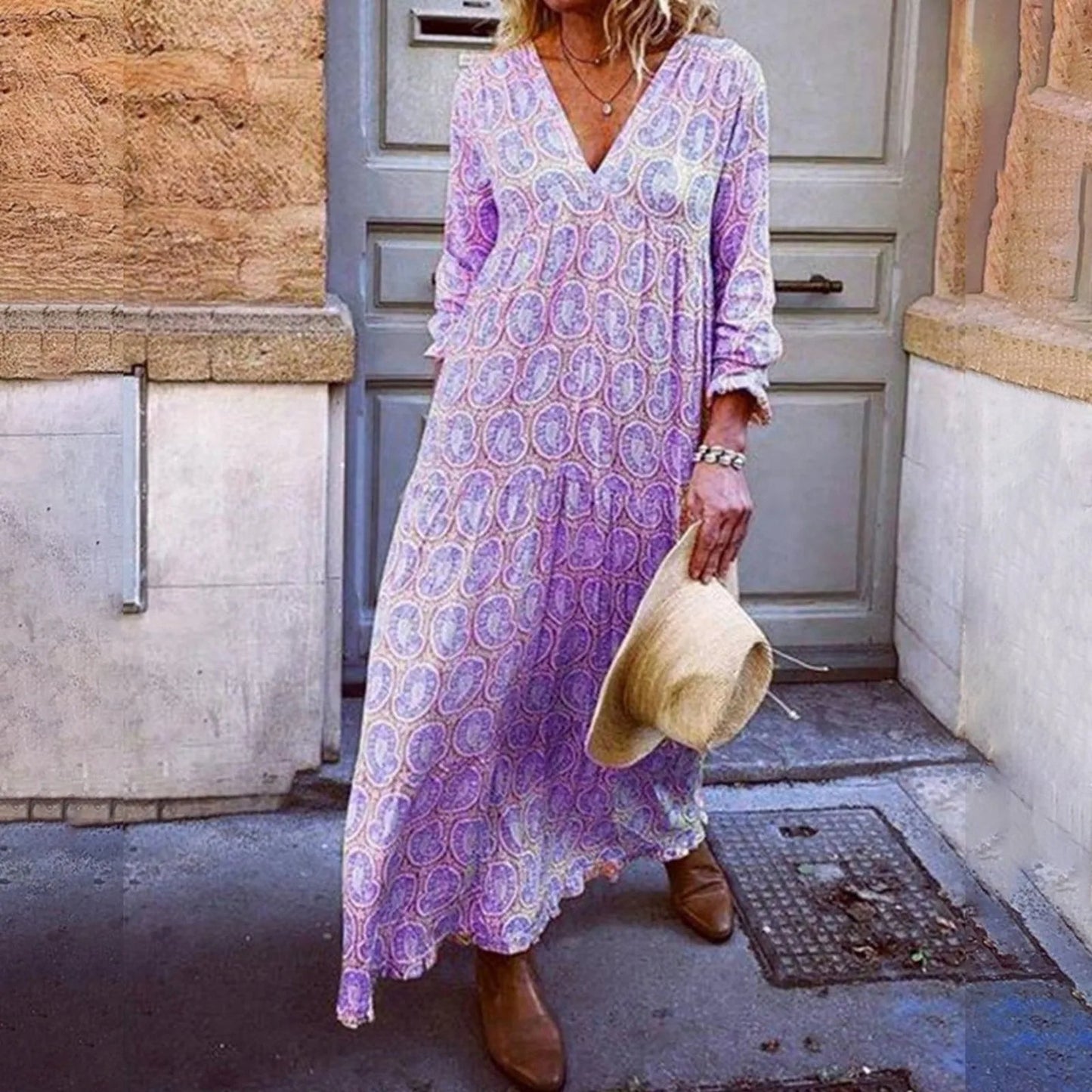 Women’s Maxi Dress – Geometric Print – V-Neck – Long Sleeve – Relaxed Fit – Breathable Blend
