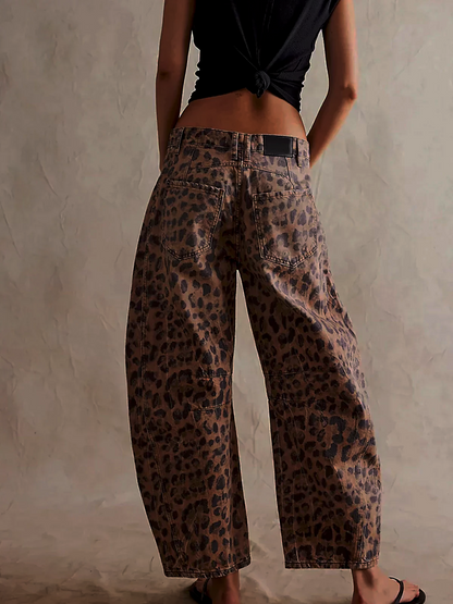 Women’s Barrel Jeans – Relaxed Fit – Full Length – Leopard Print Denim Casual Wear