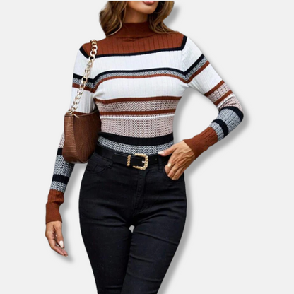 Veronica Cotton Blend Ribbed Chevron Turtleneck Sweater | Slim Fit Striped Sweater
