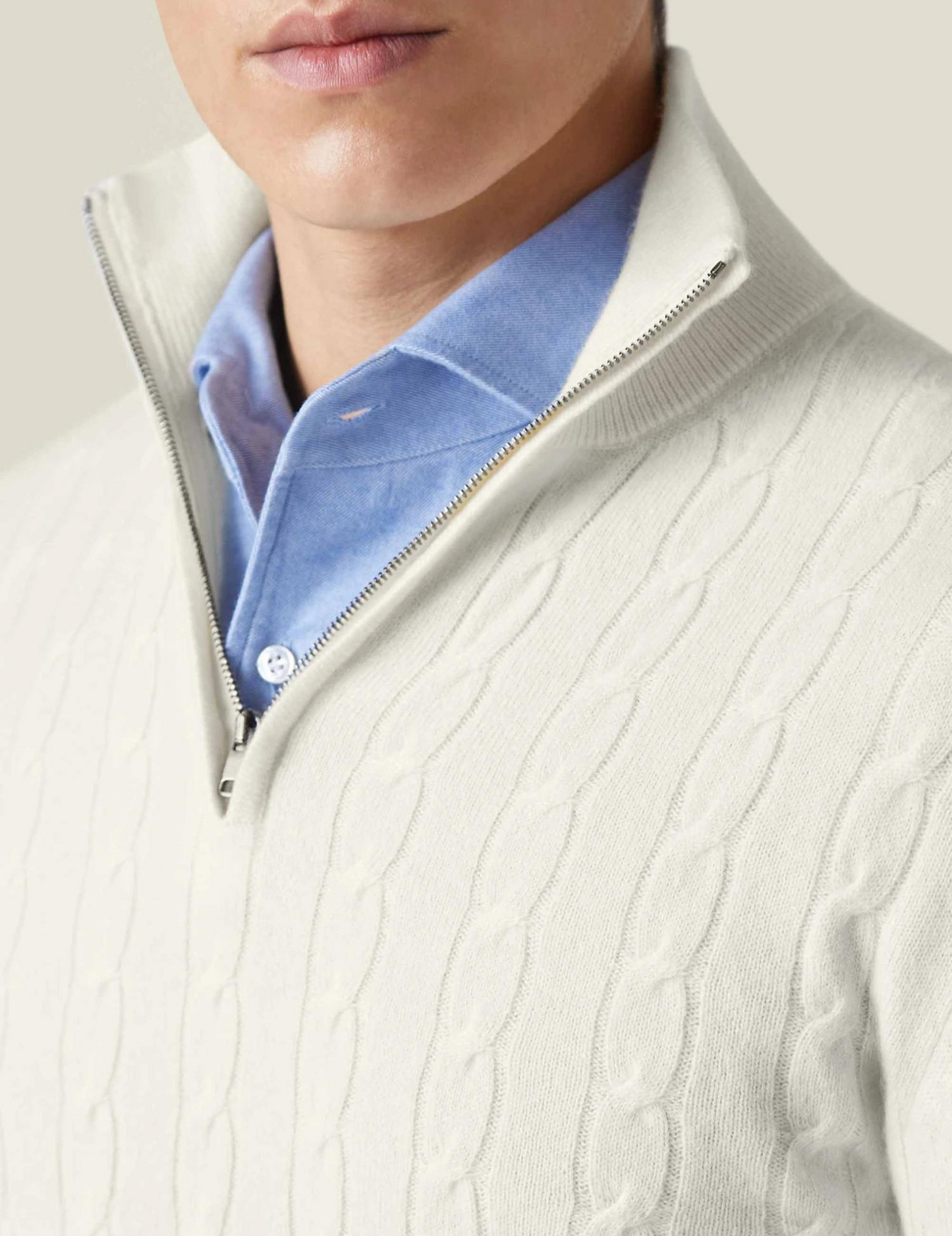 Men’s Cable Knit Sweater – Wool Blend – Half Zip – Stand Collar – Smart Casual Fit