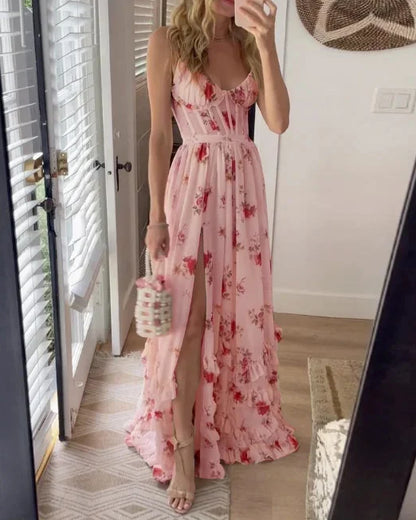 Women's Maxi Dress - Floral Print - V-Neck - Spaghetti Straps - Cinched Waist - Front Slit