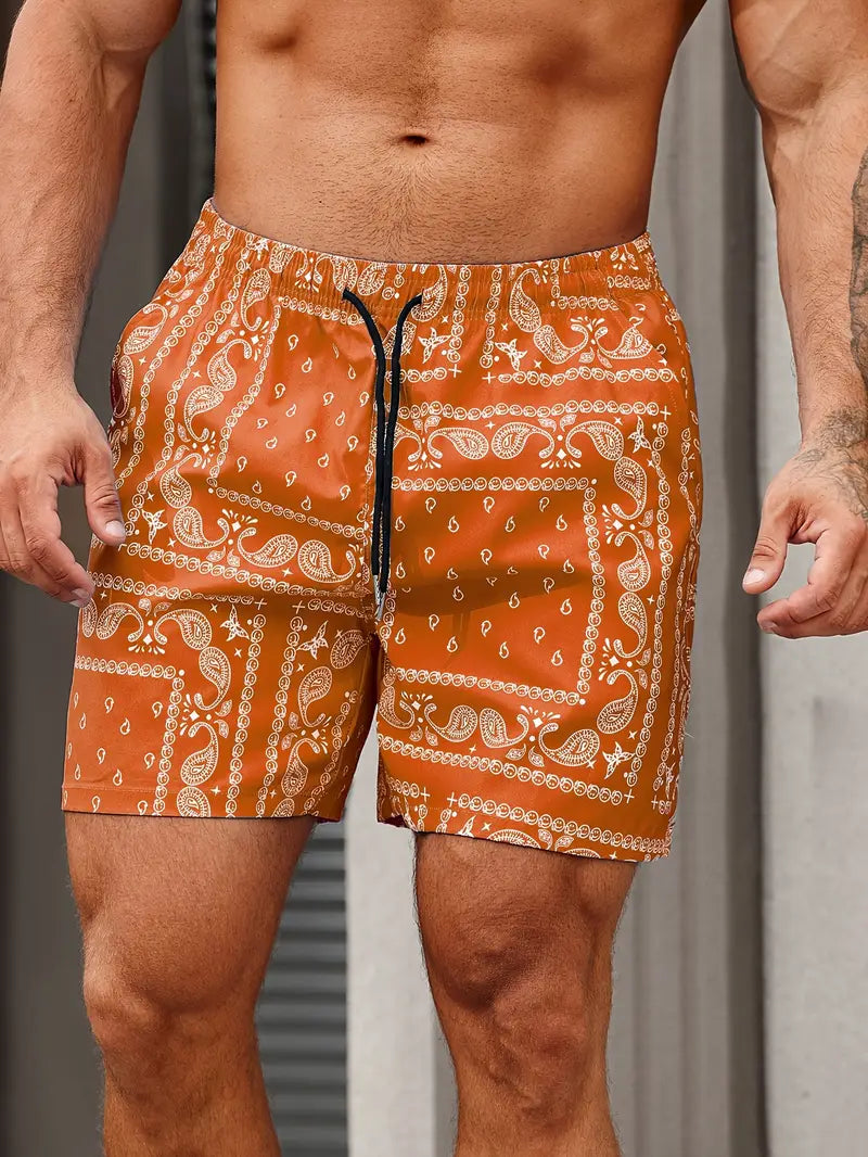 Men’s Swim Shorts – Quick Dry – Bandana Print – Mid-Thigh – Relaxed Fit