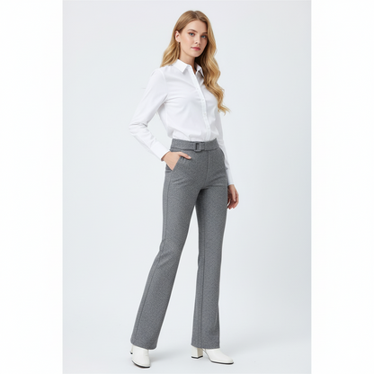 Fiona High-Waisted Flared Pants | Belted Tailored Full-Length Trousers