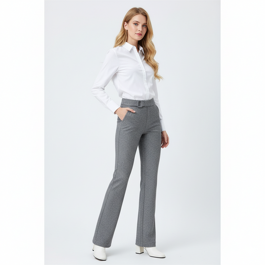 Fiona High-Waisted Flared Pants | Belted Tailored Full-Length Trousers