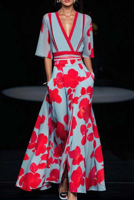 Women's Floral Print V-Neck Maxi Dress with Pockets & Elbow Sleeves