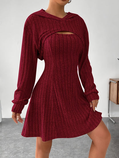 Women's Knit Sweater Dress - Ribbed Texture - V-Neck Cutout - Long Sleeve Mini Fit