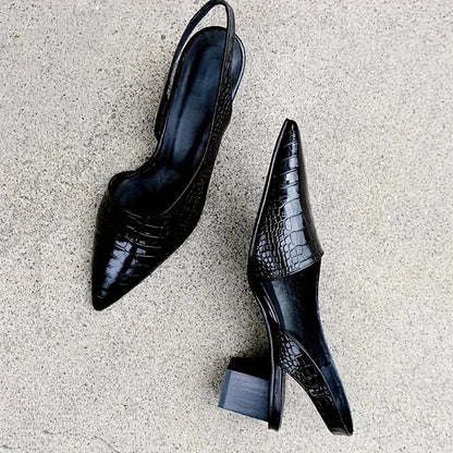 Women’s Slingback Heels – Pointed Toe – Crocodile Embossed – Mid Block Heel – Elegant Fit