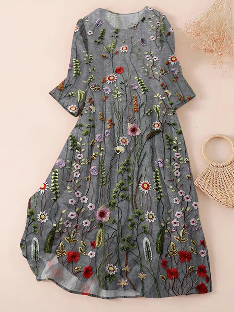 Women’s Knee-Length Dress – Relaxed Fit – Embroidered Floral – Cotton Blend – Vintage Style