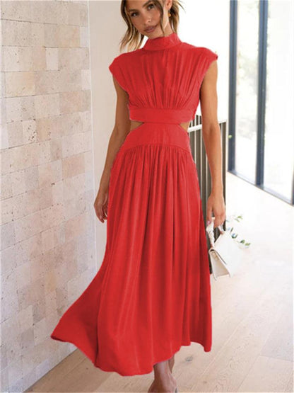 Women's Maxi Dress - Sleeveless A-Line - High Neck - Waist Cutout - Flowy Lightweight
