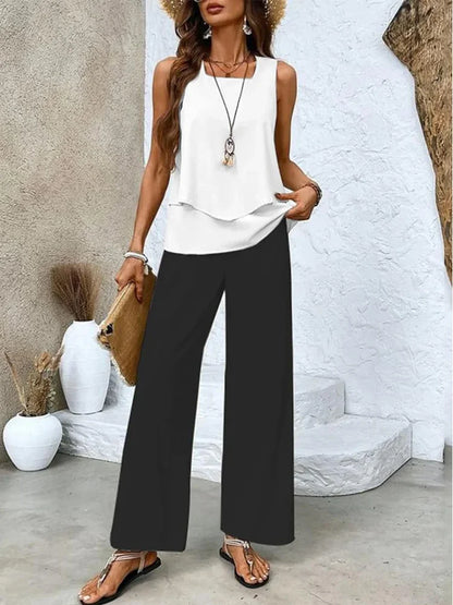 Women’s Two-Piece Set – Sleeveless Top and Wide-Leg Pants – Breathable Blend – Relaxed Fit
