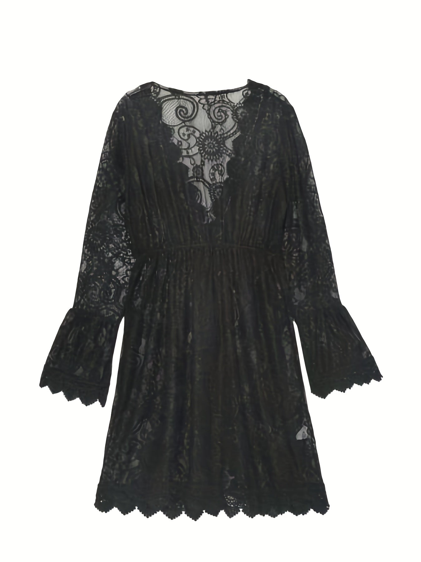 Women's Lace Cover-Up Dress - Sheer Floral Pattern - V-Neck - Long Bell Sleeves