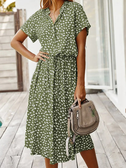 Women’s Midi Dress – Relaxed Fit – Breathable Blend – Button Front – Waist Tie