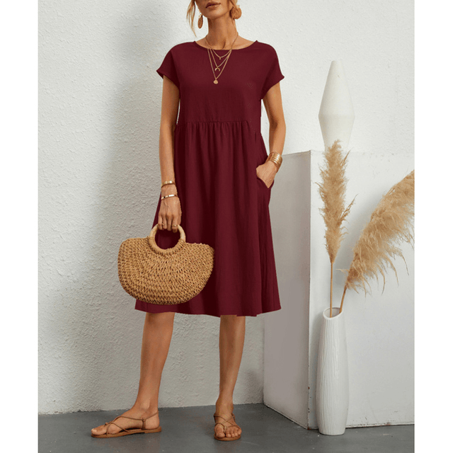 Women's Midi Dress - A-Line Silhouette - Short Sleeve - Crew Neck - Lightweight Fabric