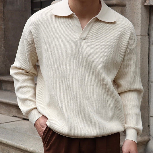 Men’s Knit Pullover Top – Relaxed Fit – Long Sleeve – Buttonless Polo Collar