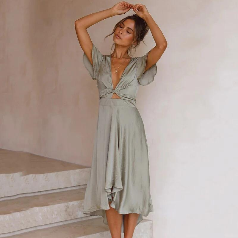 Women's Midi Dress - Wrap V-Neck - Flutter Sleeves - A-Line Silhouette - Elegant Fit
