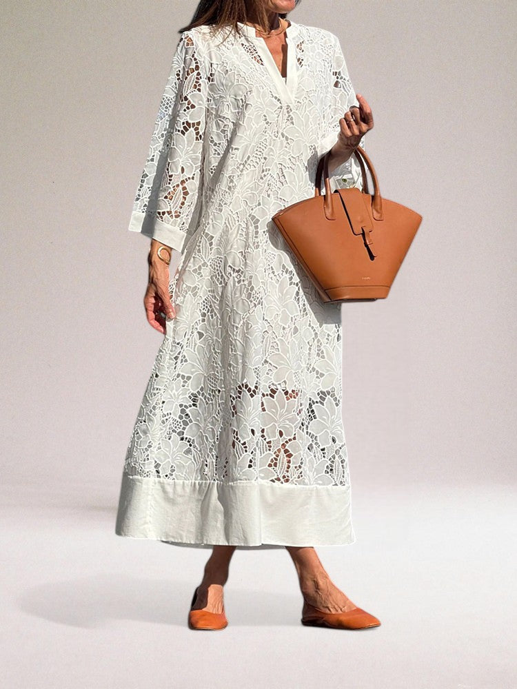 Women’s Maxi Dress – Lace Overlay – Relaxed Fit – Full Sleeve – Flowing Silhouette