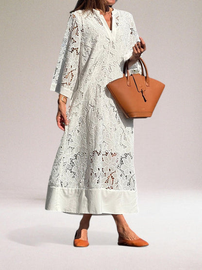 Women’s Maxi Dress – Lace Overlay – Relaxed Fit – Full Sleeve – Flowing Silhouette