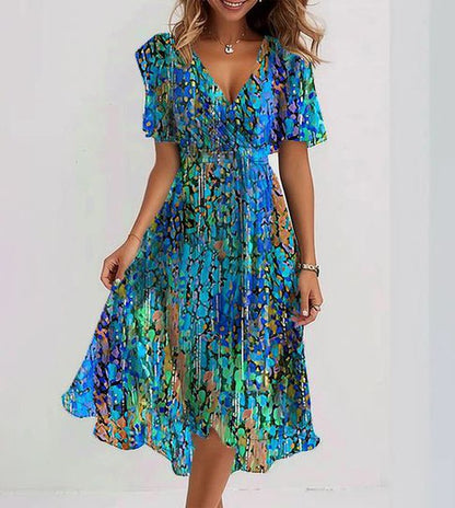Women's Fit-and-Flare Dress - V-Neck - Cap Sleeves - Lightweight Flowy Fabric