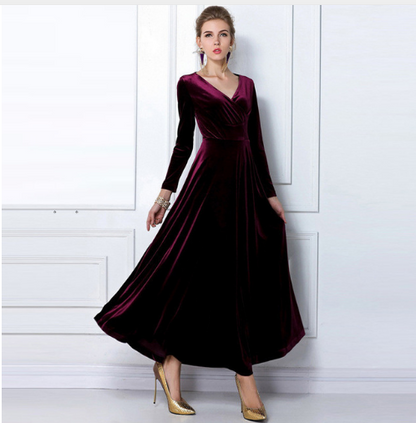 Women’s Evening Dress – Velvet Look – A-Line Fit – Deep V-Neck – Long Sleeve Formal Wear
