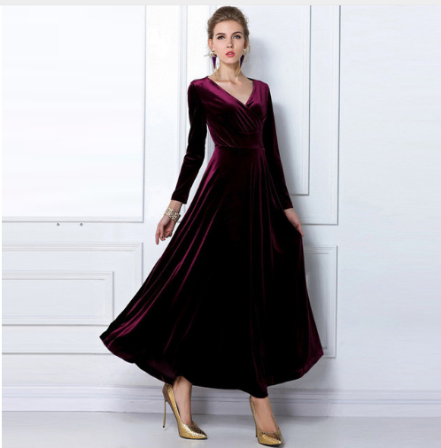 Women’s Evening Dress – Velvet Look – A-Line Fit – Deep V-Neck – Long Sleeve Formal Wear