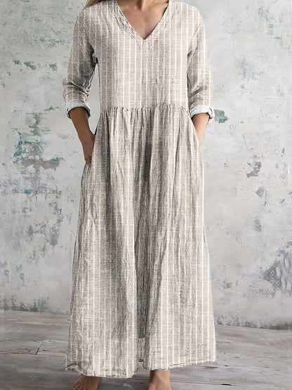 Women’s Maxi Dress – Natural Fibers – Relaxed Fit – V-Neck – Long Sleeve – Striped