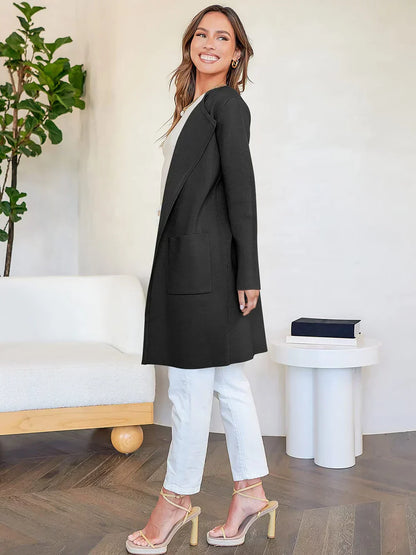 Women’s Coat – Wool Blend – Relaxed Fit – Knee Length – Wide Lapel – Minimalist Style