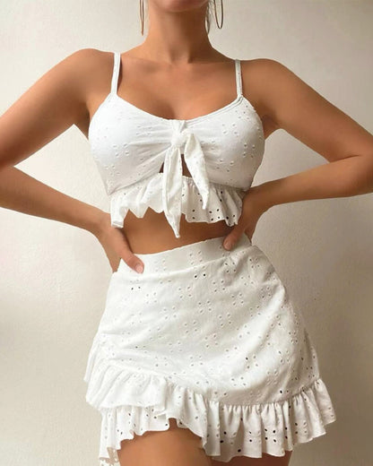 Women’s Bikini Set – Tie Front Top – Eyelet Embroidery – Ruffled Skirt – Slim Fit