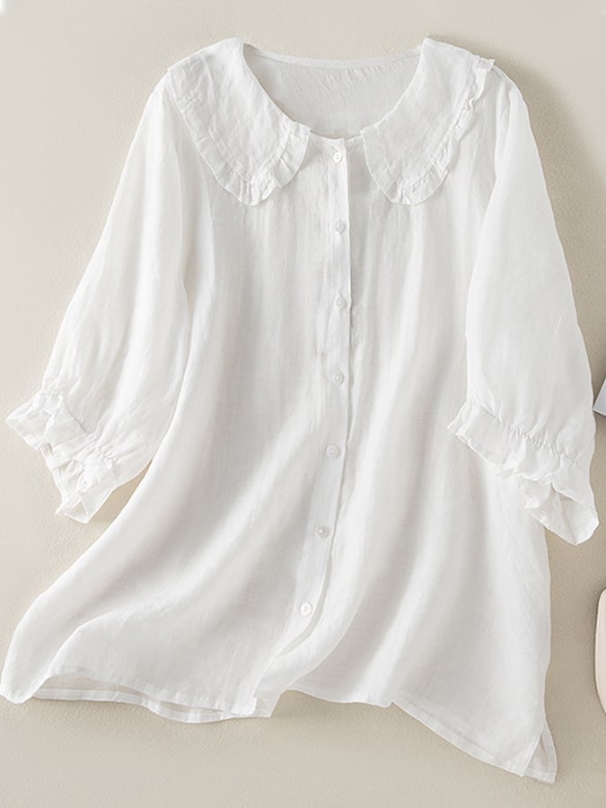 Women’s Blouse – Cotton Linen Blend – Loose Fit – Ruffle Collar – 3/4 Sleeve