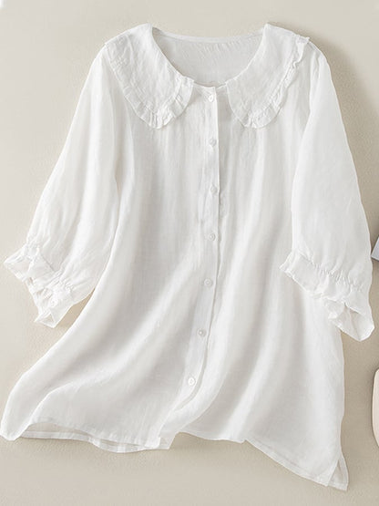 Women’s Blouse – Cotton Linen Blend – Loose Fit – Ruffle Collar – 3/4 Sleeve
