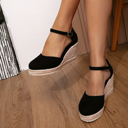 Women’s Wedge Sandals – Suede-Like Closed Toe – Espadrille Heel – Buckle Strap