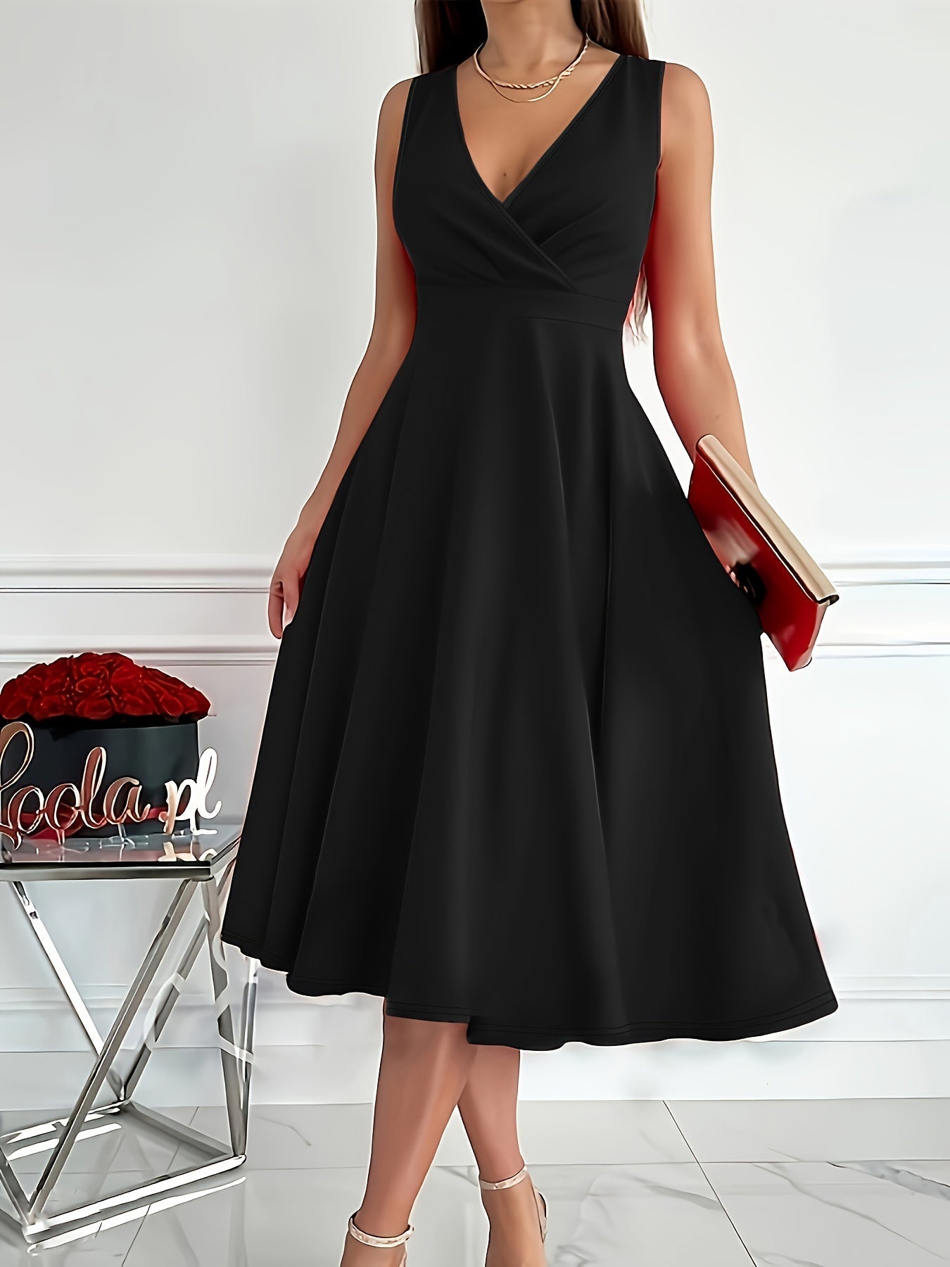 Women's Midi Dress - Sleeveless A-Line - Wrap V-Neck - Elegant Formal Wear