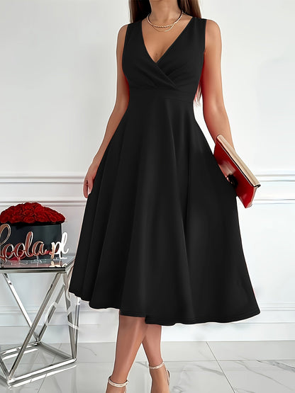 Women's Midi Dress - Sleeveless A-Line - Wrap V-Neck - Elegant Formal Wear