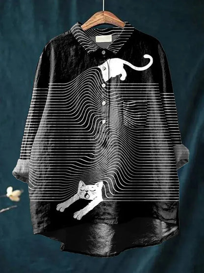 Women’s Blouse – Relaxed Fit – Animal Print – Button Down – High-Low Hem