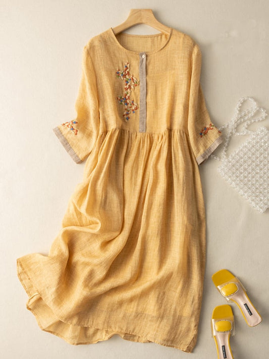 Women’s Midi Dress – Relaxed Fit – Embroidered – 3/4 Sleeve – Natural Fibers