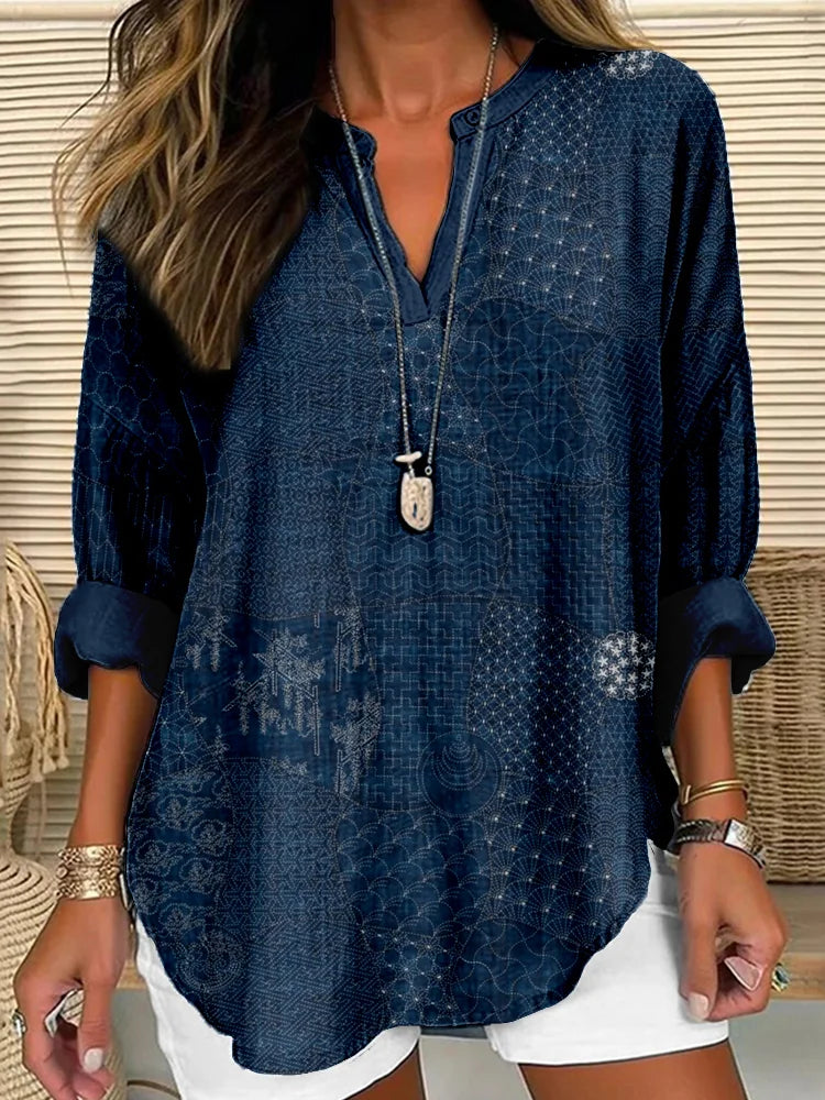 Women’s Tunic Top – Relaxed Fit – Breathable –Cotton Blend – Sashiko Pattern – Long Sleeve