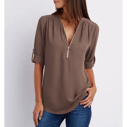 Women’s Blouse – Relaxed Fit – Cotton Blend – Half Zip – 3/4 Roll-Up Sleeves