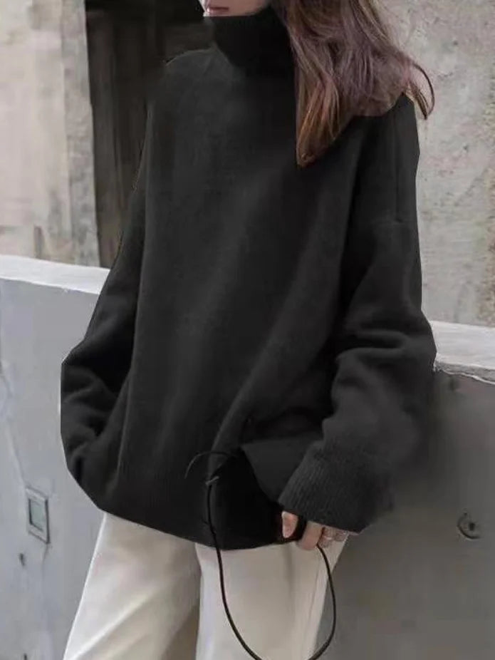 Women’s Turtleneck Sweater – Wool Blend – Relaxed Fit – Ribbed Hem – Hip Length