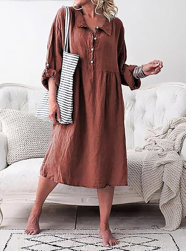 Women’s Knee-Length Dress – Relaxed Fit – Cotton Blend – Button Front – Casual Wear