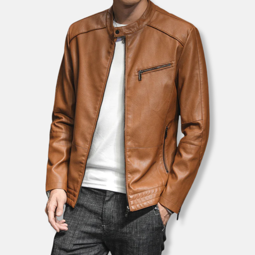 Men’s Biker Jacket – Slim Fit – Stand Collar – Zippered Pockets – Waist Length Design