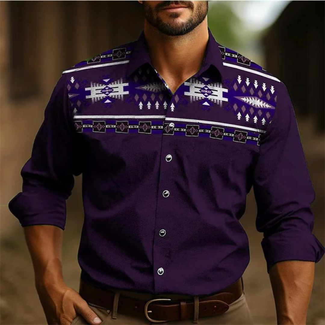 Men’s Button-Down Shirt – Tailored Fit – Long Sleeve – Retro Pattern – Breathable Blend