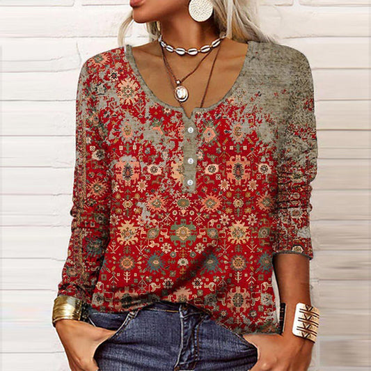 Women’s Long Sleeve Top – Relaxed Fit – Soft Knit – Henley Neckline – Boho Print
