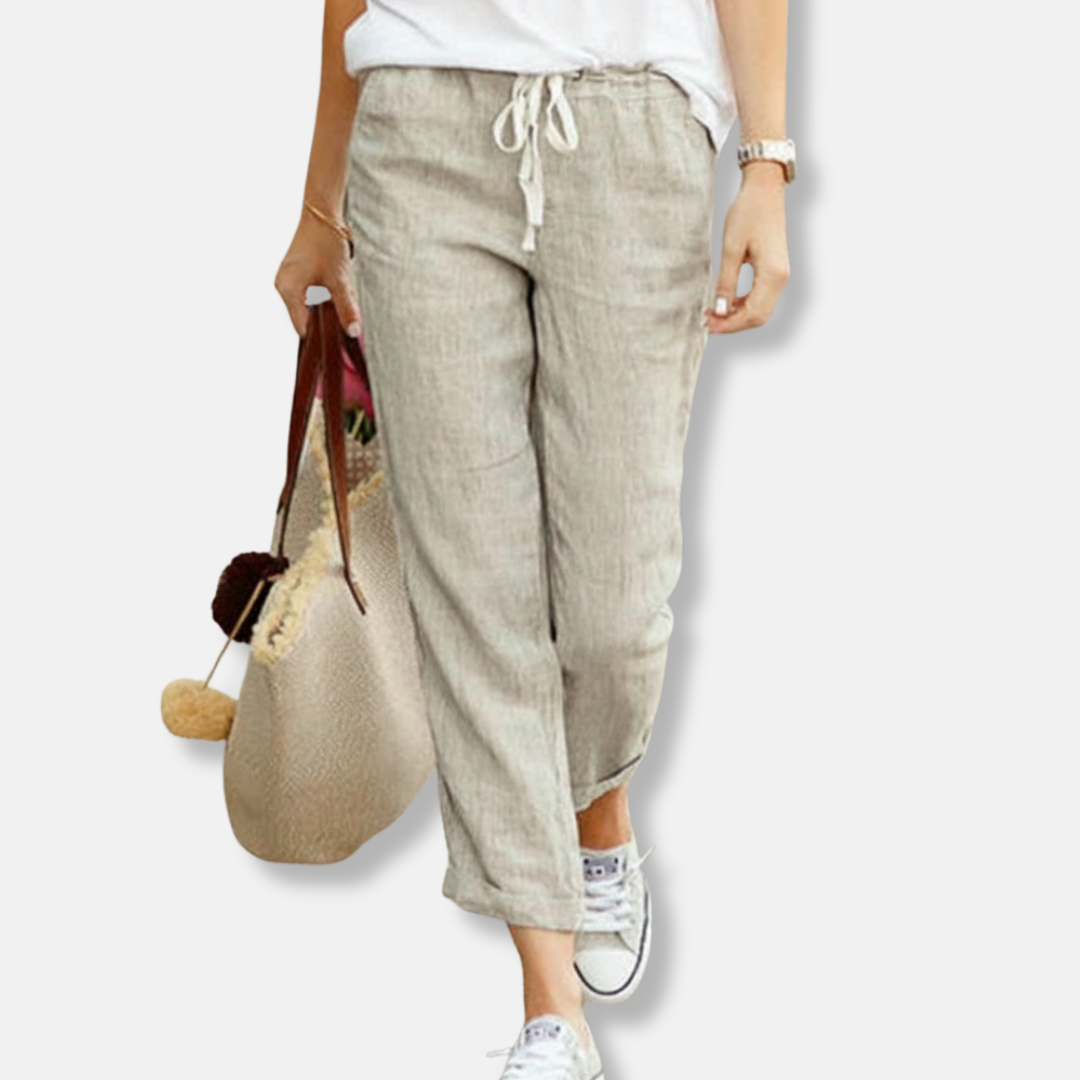 Women’s Trousers – Linen – Relaxed Fit – Drawstring Waist – Full Length Casual Wear