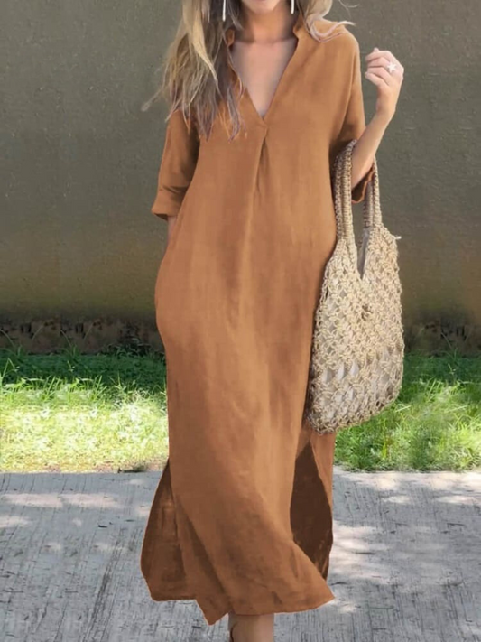 Women’s Maxi Dress – Relaxed Fit – V-Neck – Breathable Blend – 3/4 Sleeve – Side Slits