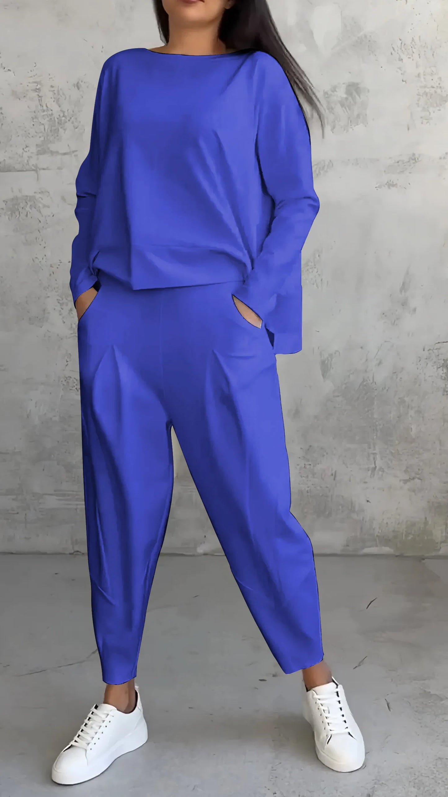 Women’s Two-Piece Set – Relaxed Fit – Long Sleeve Top – Tapered Harem Pants – Breathable Cotton